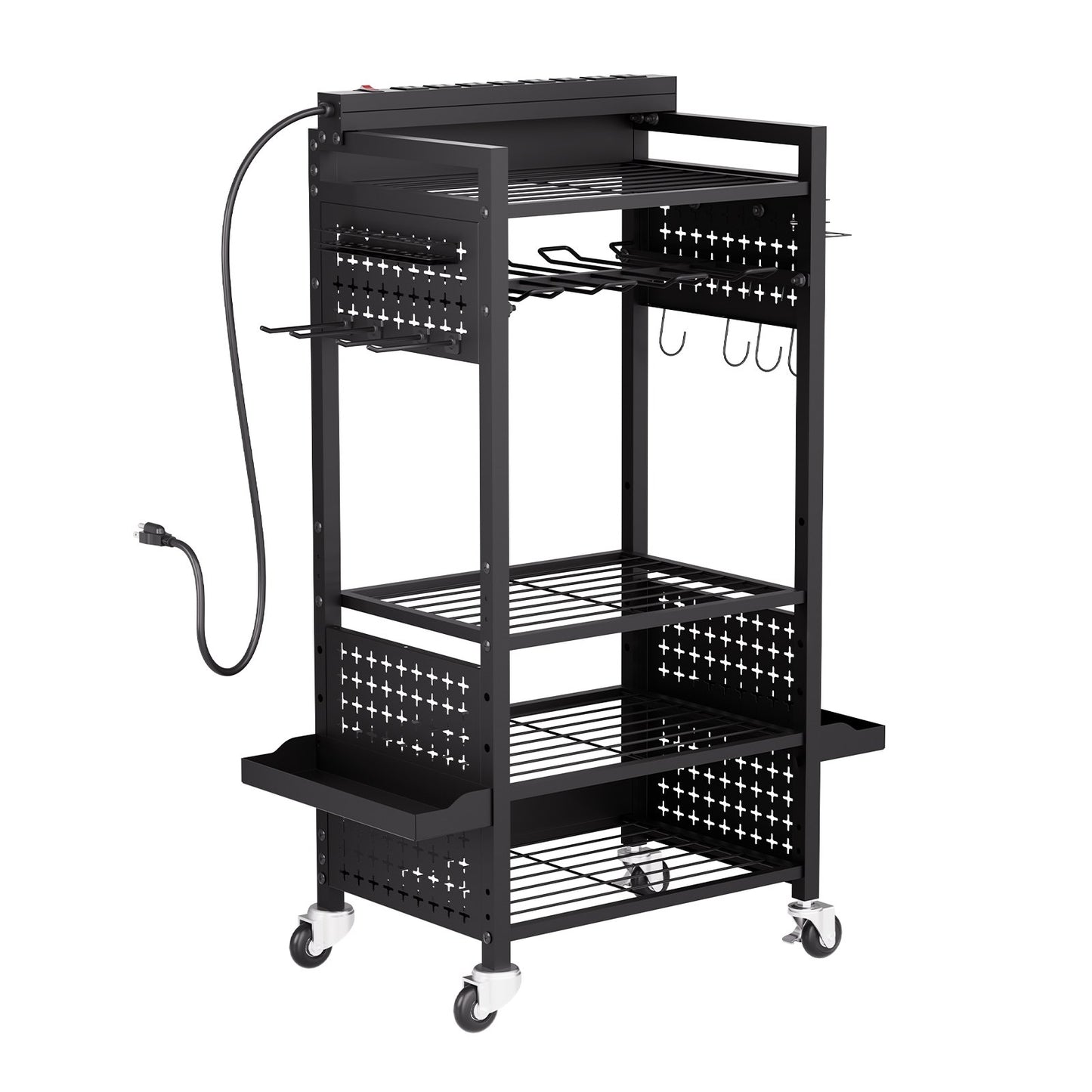 5-tier Tool Organizer Cart With Charging Station, 8 AC Outlet, Floor Stand Rolling Drill Holder And Tool Battery Storage Rack On Wheels, Garage Floor Rolling Storage Cart For Workshop, Garage