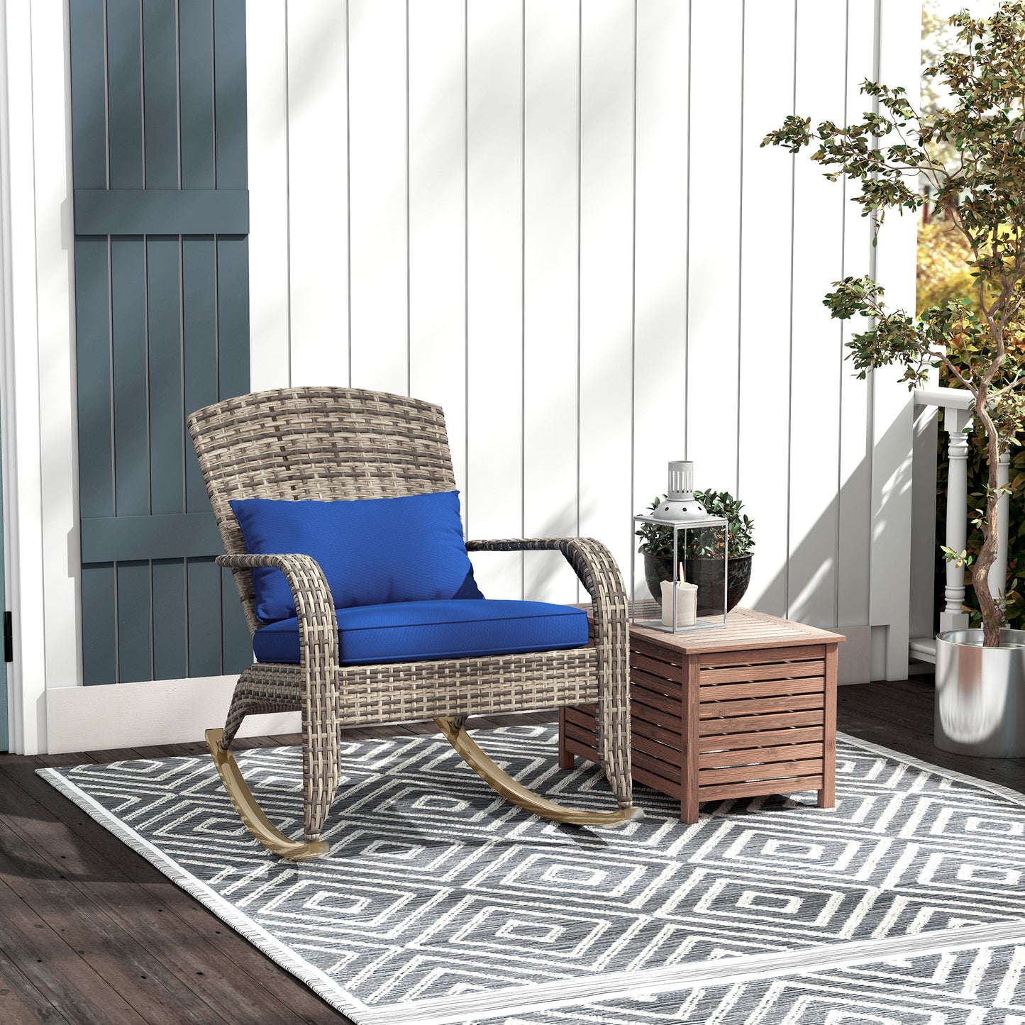 Adirondack Chair, Outdoor Wicker Rocking Chair With High Back, Seat Cushion, And Pillow For Porch, Balcony, Dark Blue