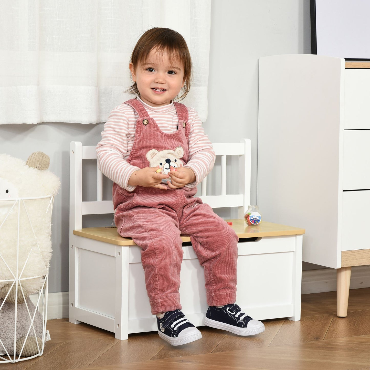 Qaba 2-in-1 Kids Wooden Toy Organizer Chest Storage Box with Seat Bench Cabinet Chunk Cube with Safety Pneumatic Rod White