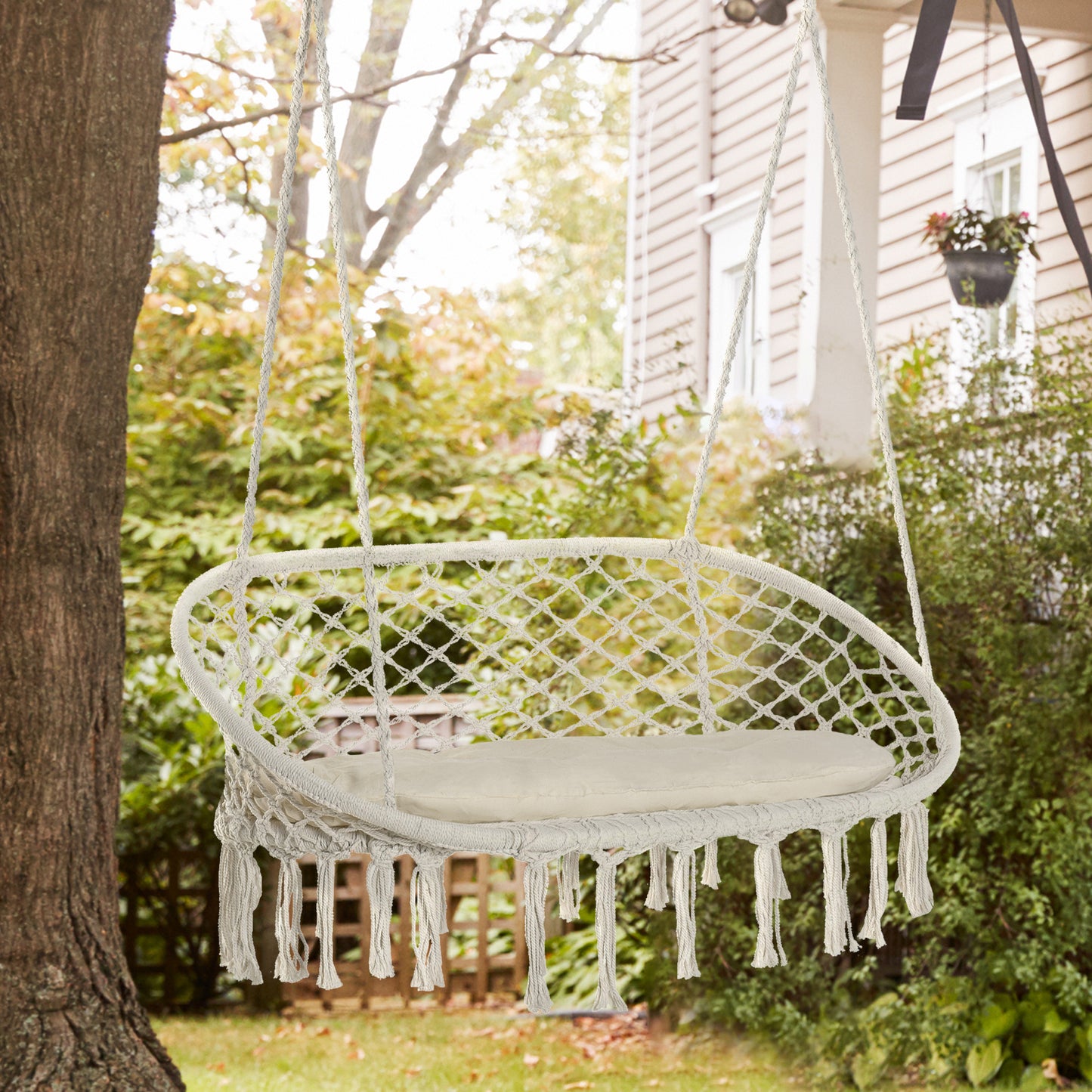 2-Person Hammock Chair Macrame Swing With Soft Cushion, Hanging Cotton Rope Chair For Indoor Outdoor Home Patio Backyard, White