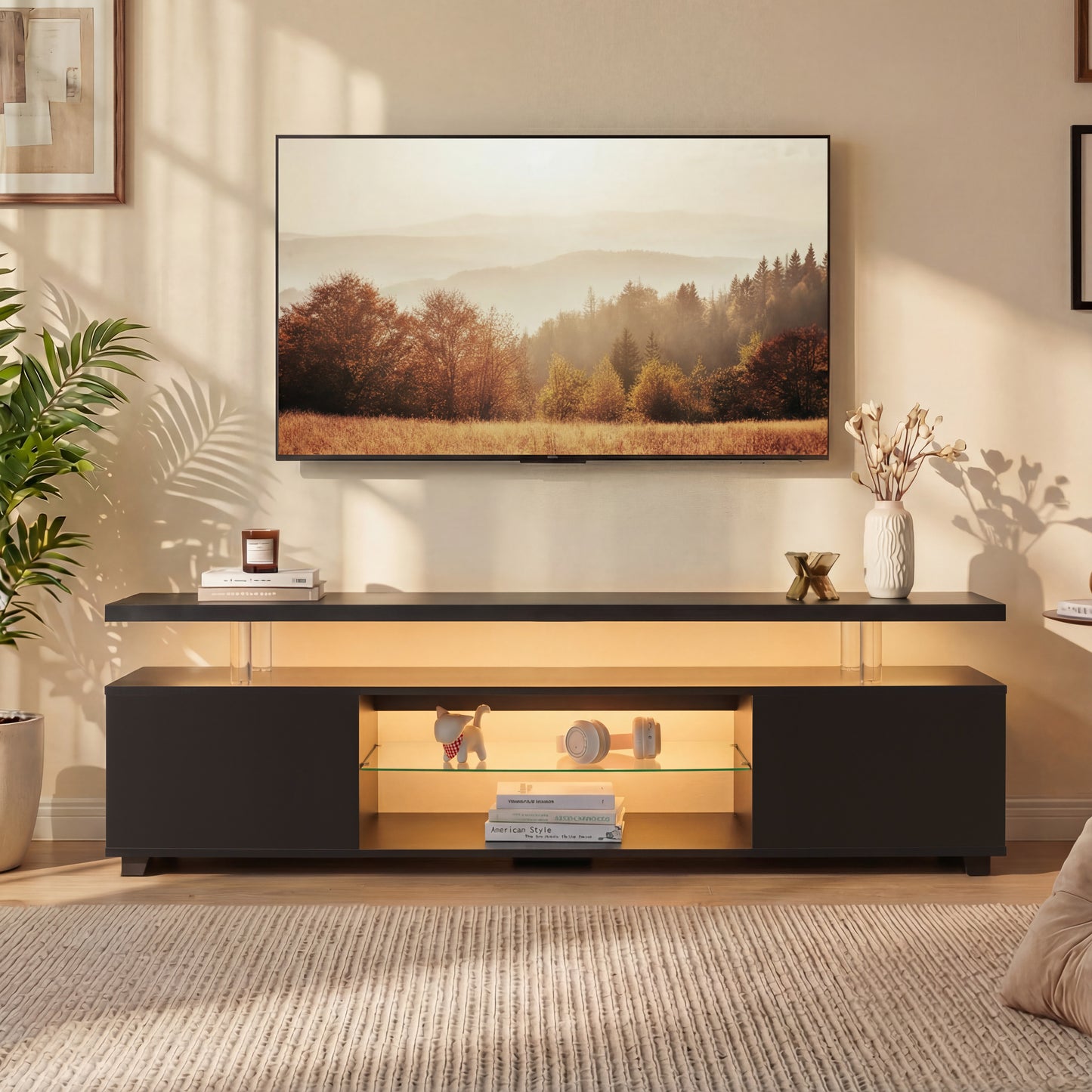 TV Stand For 60 Inch TV LED Gaming Entertainment Center Media Storage Console Table With Large Side Cabinet For Living Room Black