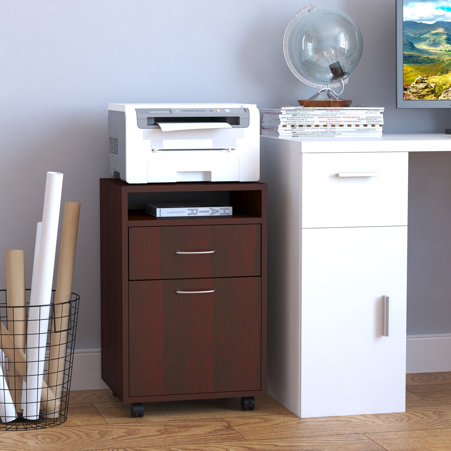 Mobile Storage Cabinet Organizer with Drawer and Cabinet, Printer Stand with Castors, Brown