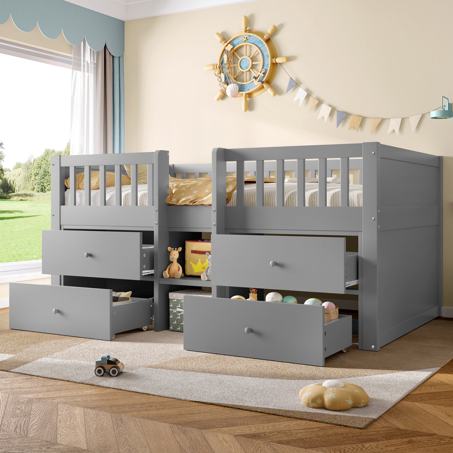 Low Loft Bed With Storage, Solid Wood Bed Frame With Drawer Storage, 3ft Single Bed With Guardrail, No Box Spring Needed, Saving-space Design For Bedroom, Modern Bed For Children, Grey No Mattress