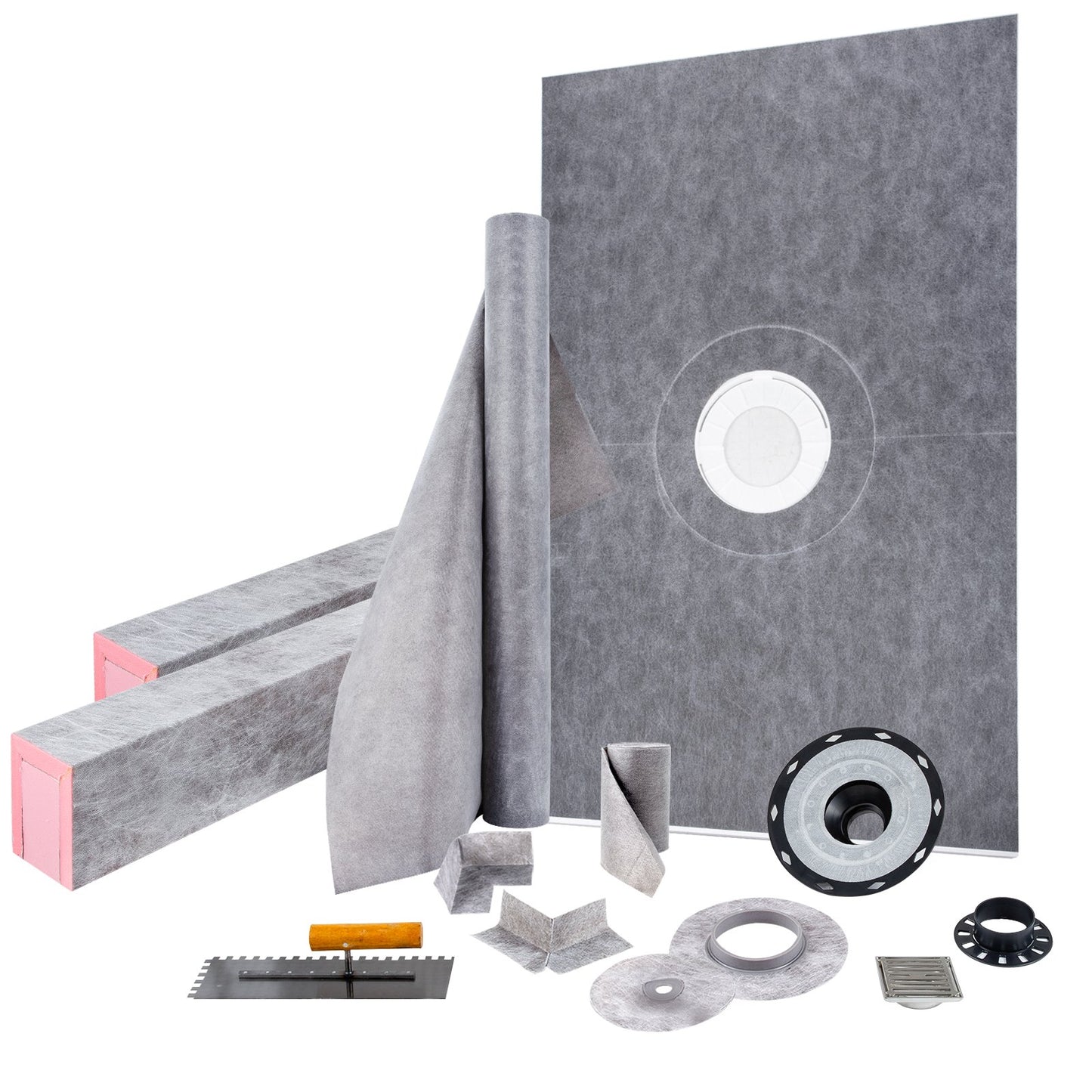 Shower Curb Kit, 48\"x72\" Watertight Shower Curb Overlay With 4\" ABS Central Bonding Flange, 4\" Stainless Steel Grate, 2 Cuttable Shower Curb And Trowel, Shower Pan Slope Sticks Fit For Bathr
