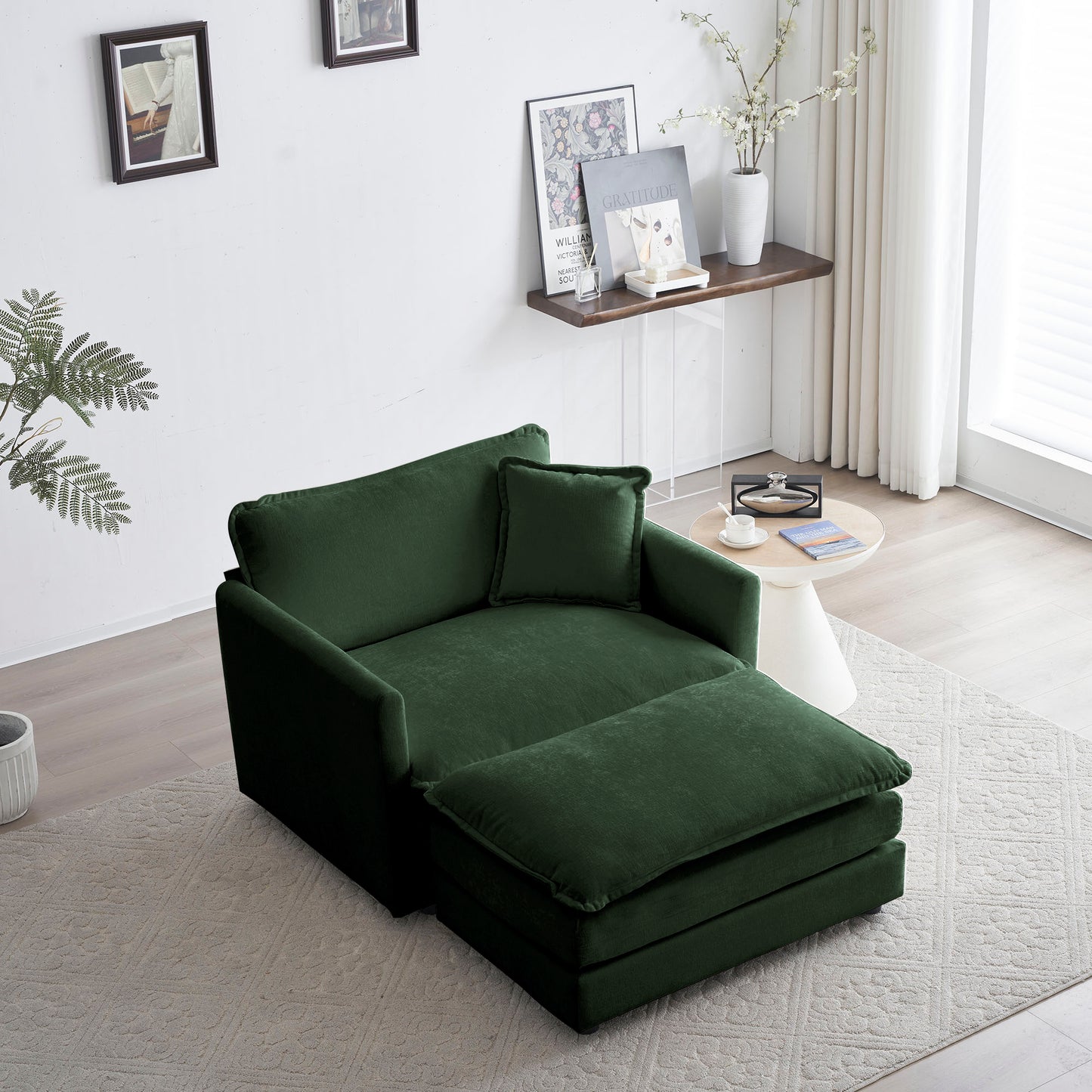 Modern Accent Chair With Ottoman, Living Room Club Chair Chenille Upholstered Armchair , Reading Chair For Bedroom, Green Chenille