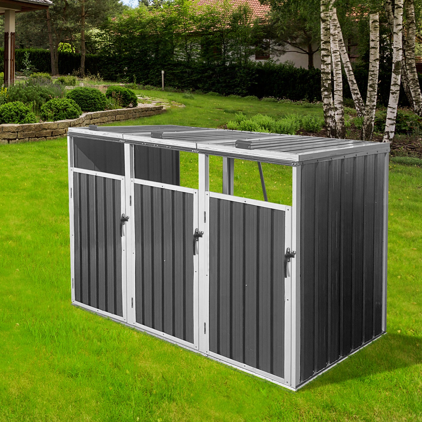 Garbage Bin Shed Stores 3 Trash Cans Metal Outdoor Bin Shed For Garbage Storage,Grey