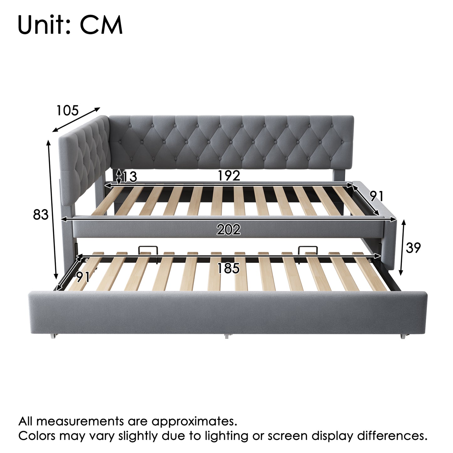 Upholstered Bed Daybed With Pull-Out Bed, 3FT Single Sofa Bed 90 X 190 Cm, Ottoman Bed Trundle Beds For Adults And Kids, Bed With Slatted Frame, Velvet, Grey