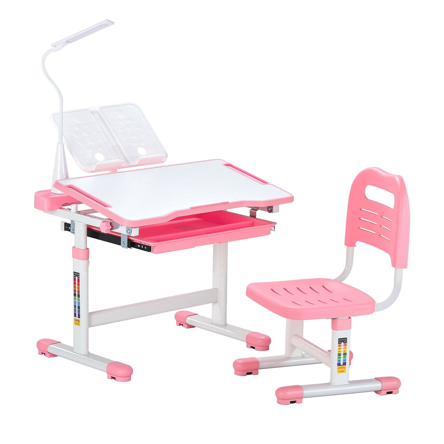 Kids Study Chair And Desk Set, Study Desk And Chair For Kids With Table Lamp, Adjustable Height & 0-40° Tilted Desktop Kids Desk And Chair, Children Study Table For Bedroom & Study Room, Pink