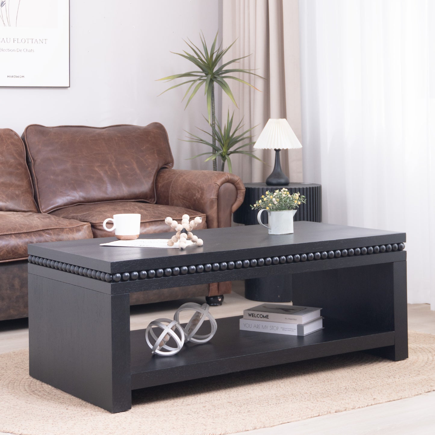Modern Black Coffee Table With Beaded Trim  47  Rectangular Coffee Table With Open Storage Shelf, Solid Black Finish  Contemporary Living Room Accent Furniture