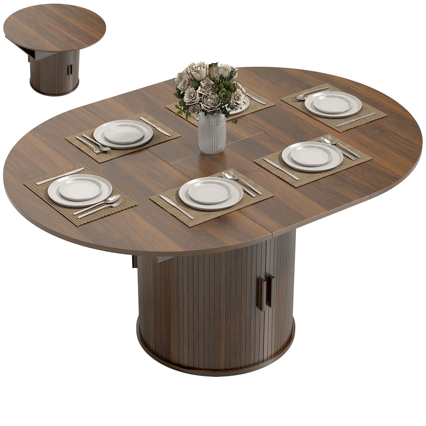 Extendable Dining Table for 6, 60" Farmhouse Kitchen Table with 2-Tier Storage Shelf and Fluted Sliding Doors, Walnut