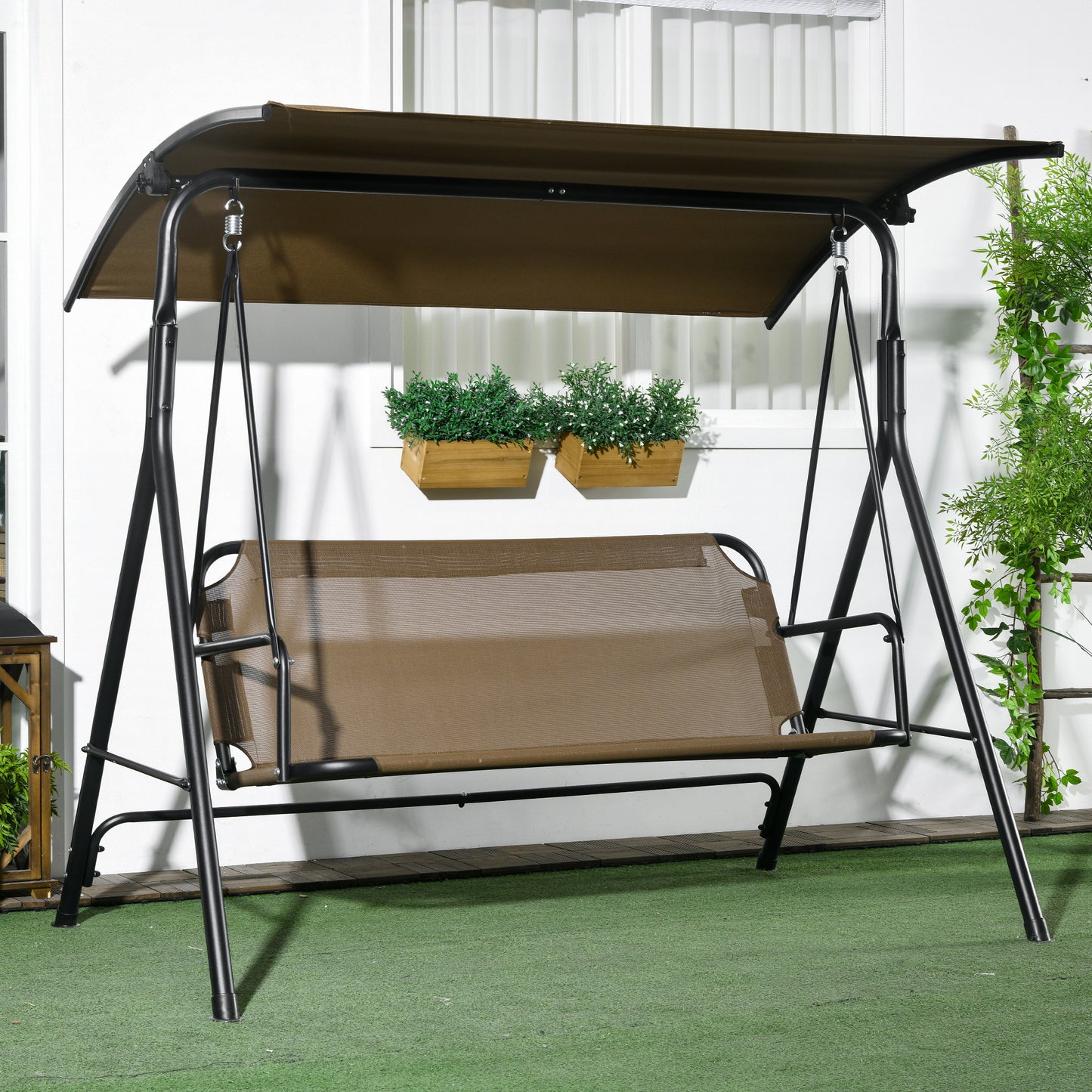 3-Seat Outdoor Patio Swing Chair w/ Cushion, Steel Frame Stand, Adjustable Tilt Canopy for Patio, Garden, Brown