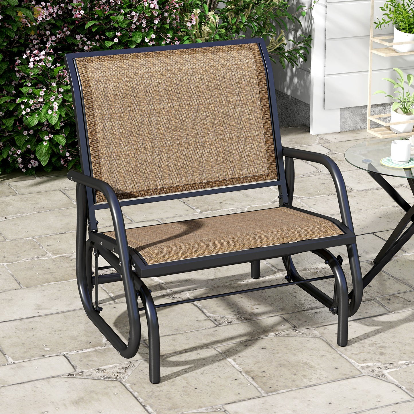 Outdoor Glider Chair, Steel Swing Chai With Curved Armrests For Porch, Garden, Poolside, Balcony, Brown