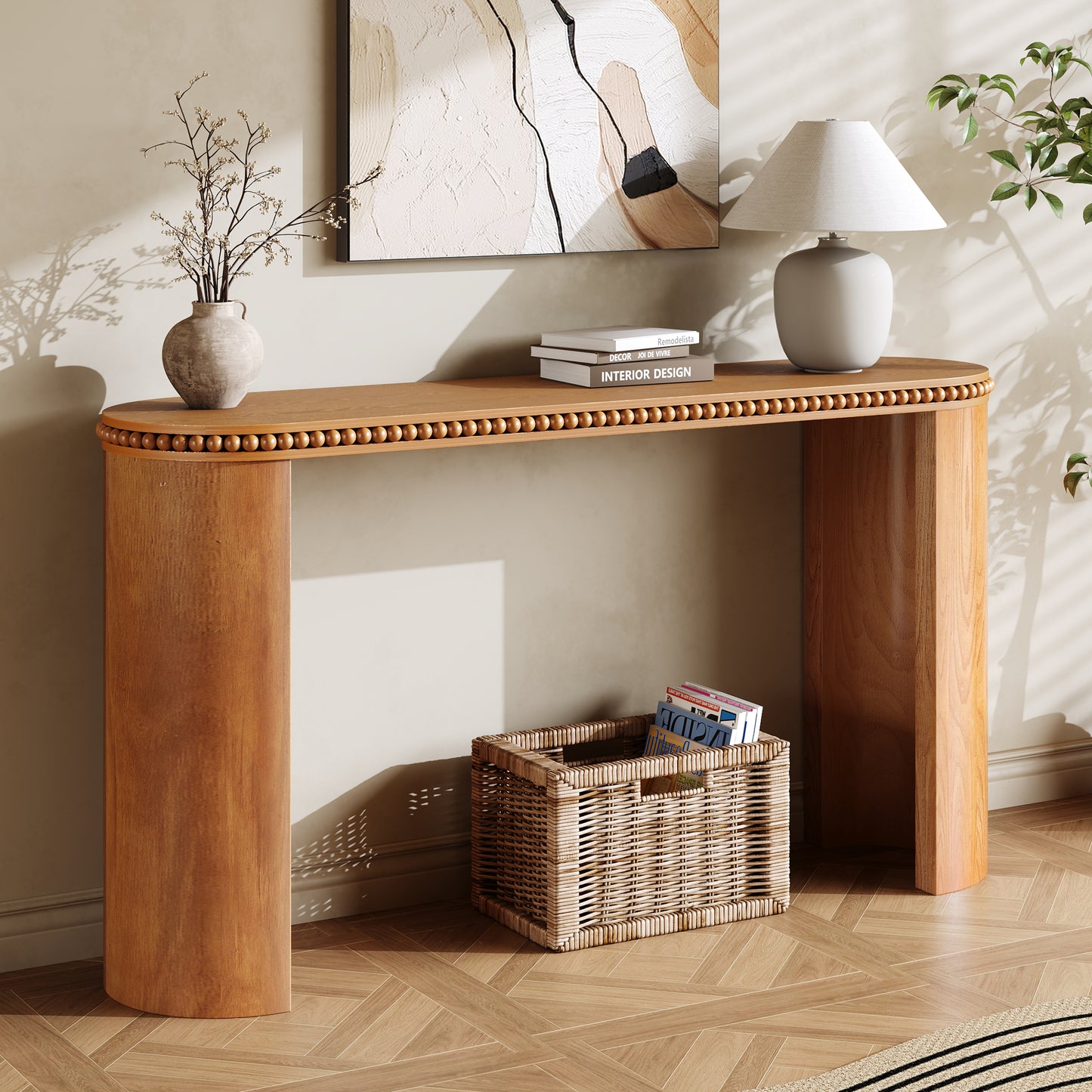 Mirod Vintage Console Table With Beaded Trim And Reversible Curved Legs, Natural Wood Veneer Finish  Entryway Accent Table For Hallway, Living Room, Or Behind Sofa