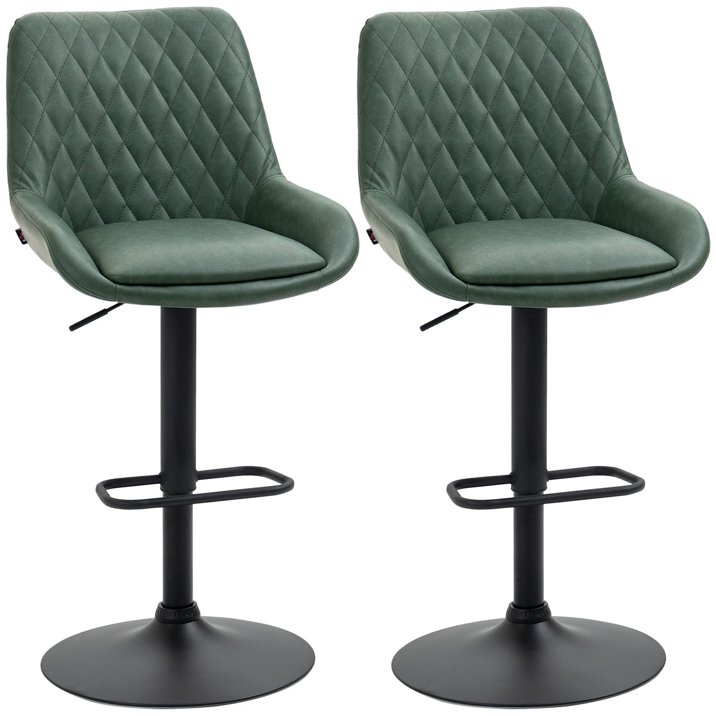Retro Bar Stools Set Of 2, Adjustable Kitchen Stool, Upholstered Bar Chairs With Back, Swivel Seat, Green