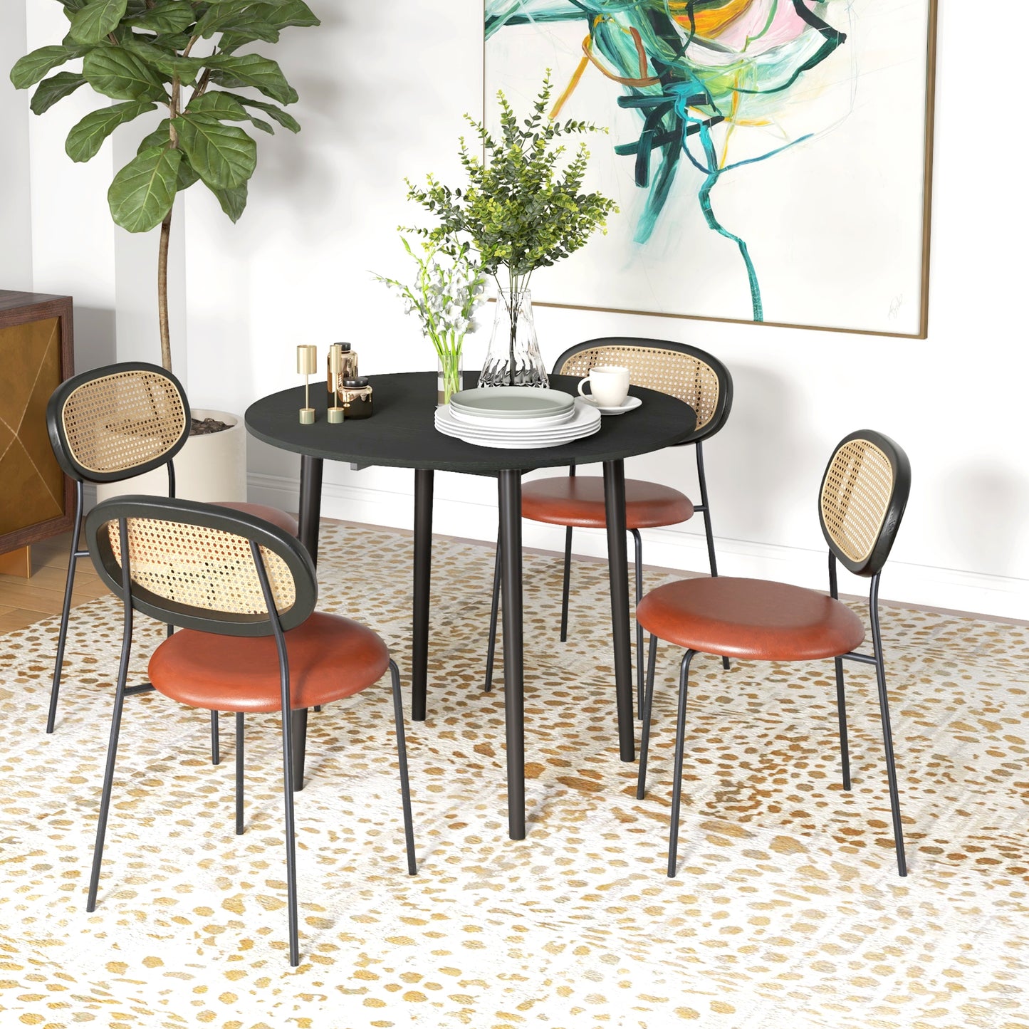 Folding Dining Table, Round Drop Leaf Kitchen Table For Small Spaces With Wood Legs, Black