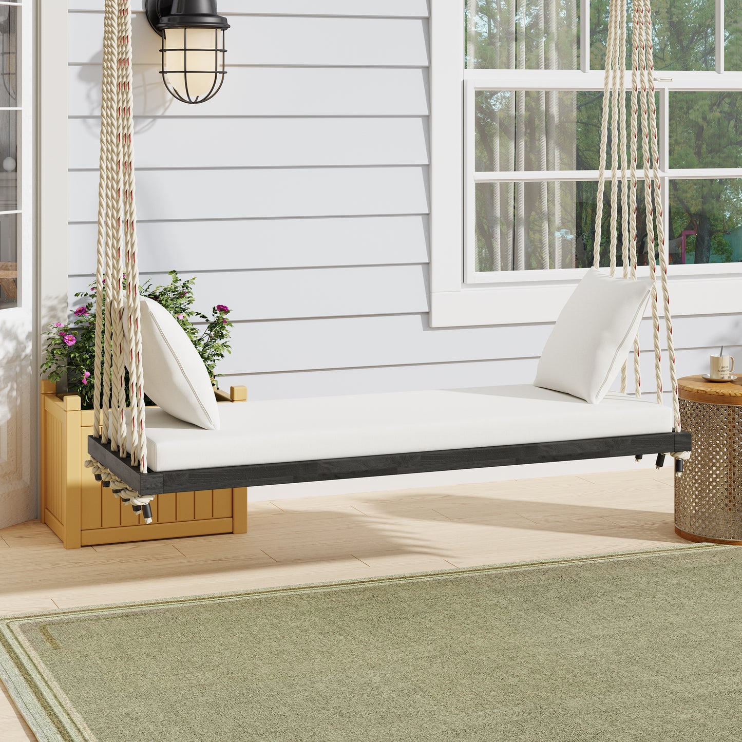 TOPMAx Patio Wooden Swing Chair  Hanging Porch Swing Bench With Cushion&Pillows  10.8Ft Hemp Ropes For Garden    Lawn Brown
