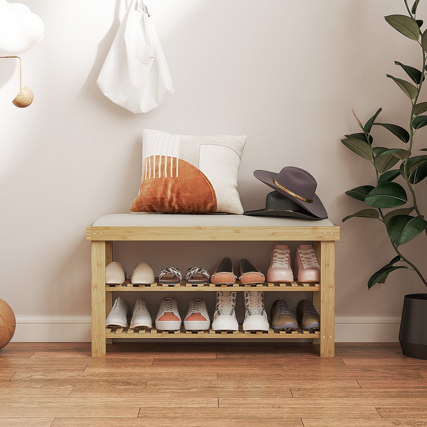 Bamboo Shoe Storage Bench, 3-Tier Entryway Bench With Cushion, Shoe Organizer For Entryway, Hallway, Cream White