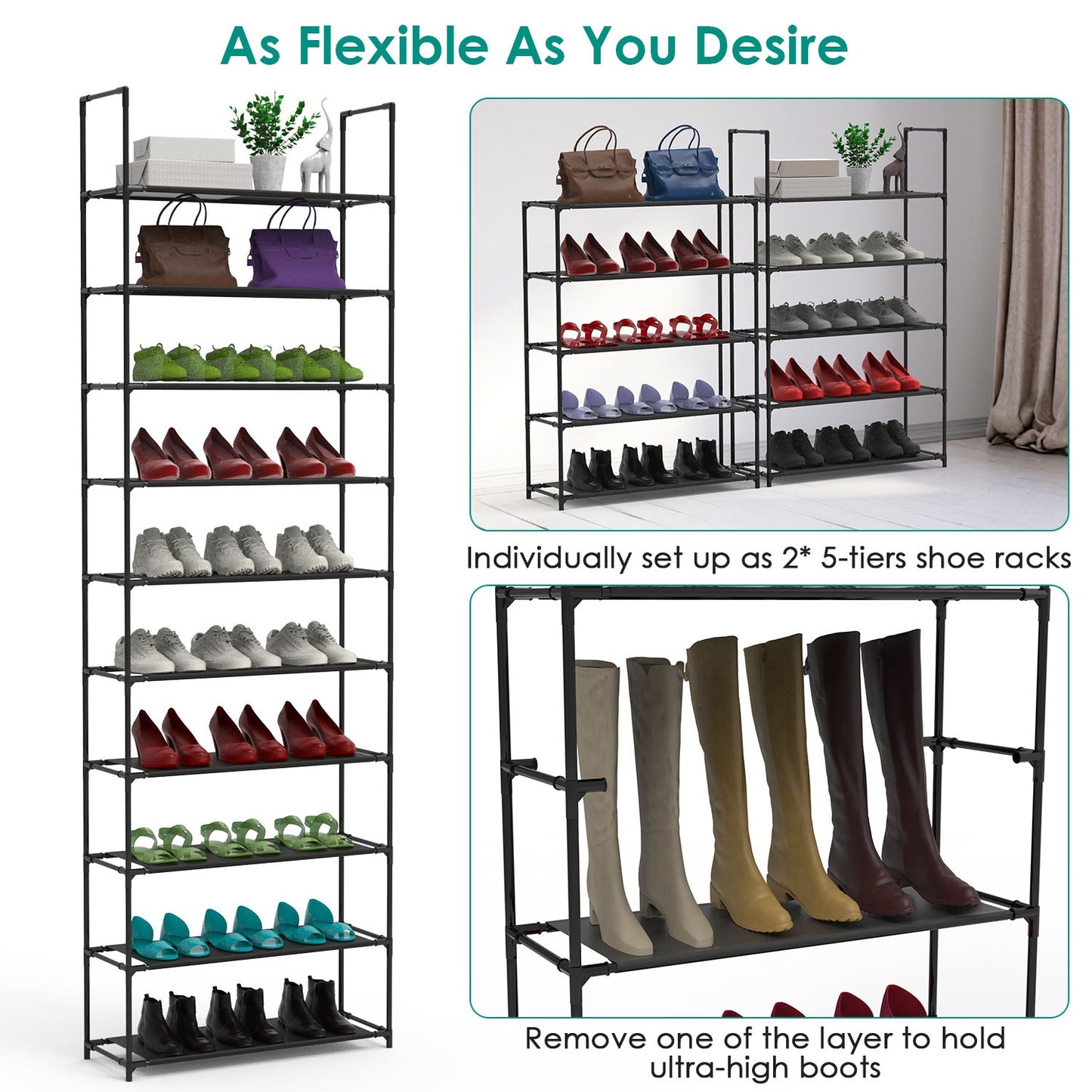 1Pc 10 Tiers Shoe Rack Space Saving 25 To 30Pairs Tall Shoe Shelf  Non Woven Fabric Vertical Shoe Organizer For Hallway Entryway Closet