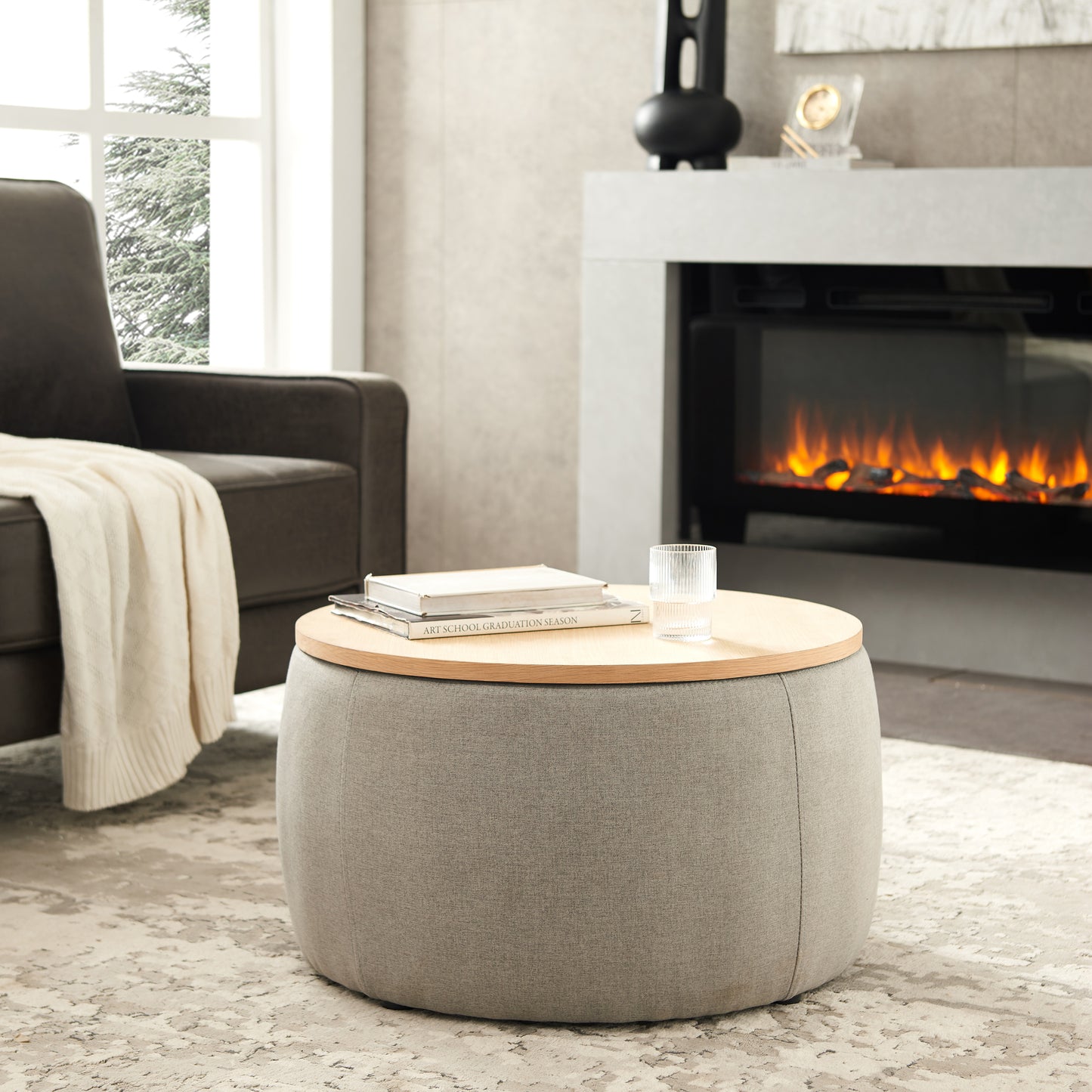 Round Storage Ottoman, 2 In 1 Function, Work As End Table And Ottoman,  Grey 25.5x25.5x14.5