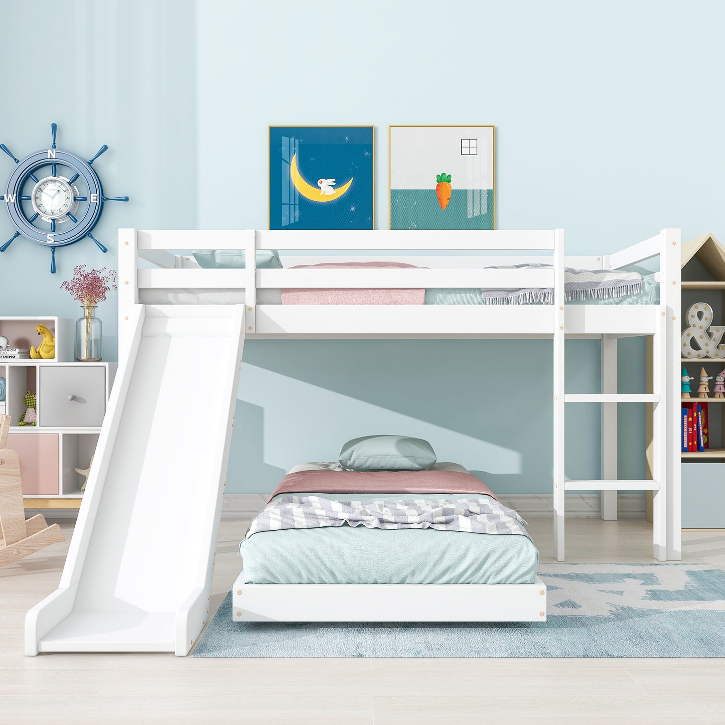 Children's Cabin Bed Frame With Slide & Ladder, Bunk Bed For Kids With Adjustable Ladder And Slide, Adjustable Lower Bed White, 190x90cm-200x90cm