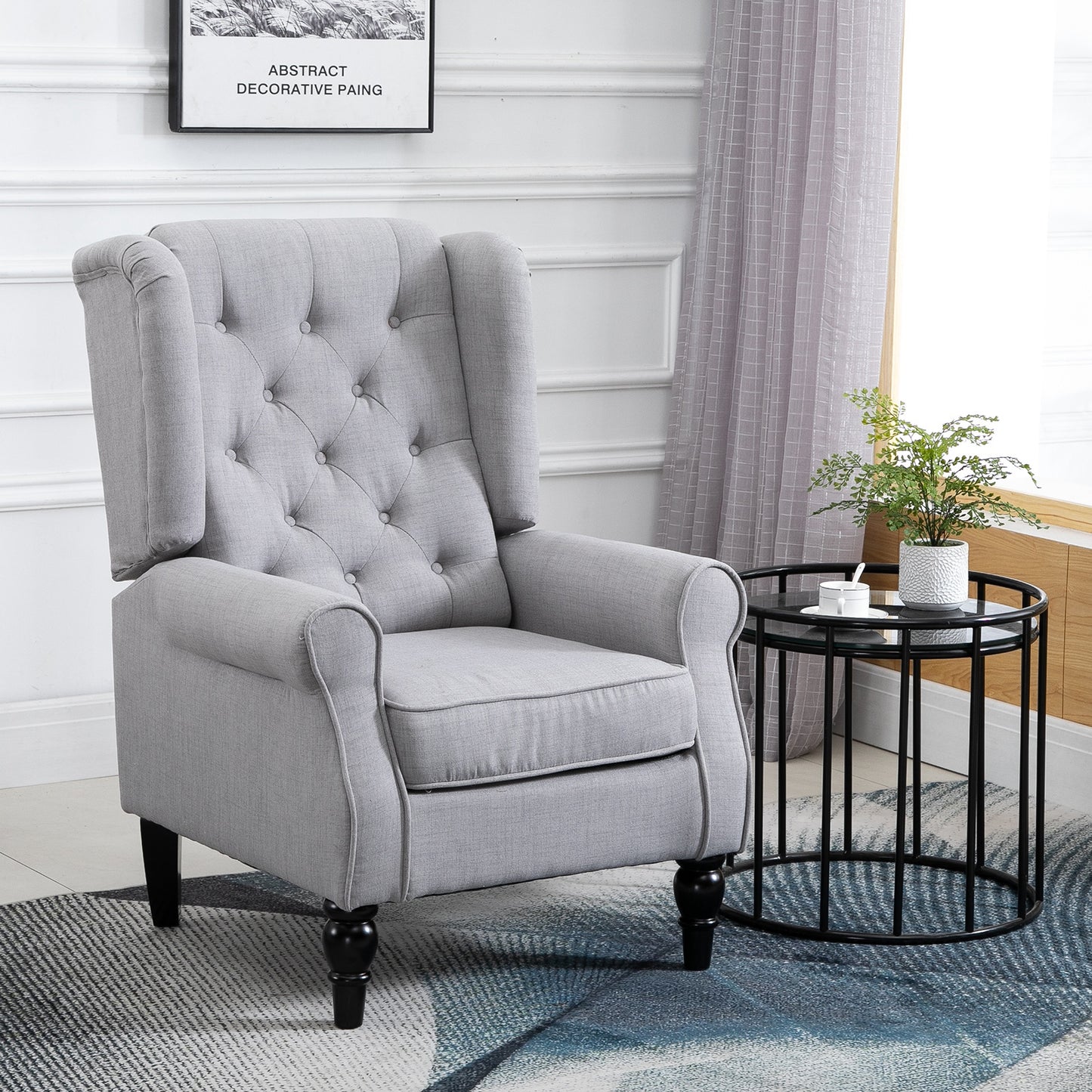 Mid-Century Modern Accent Chair, High Wingback Reading Chair, Button-Tufted Upholstered Fabric Armchair with Retro Wood Legs for Apartment, Living Room, Bedroom, Gray