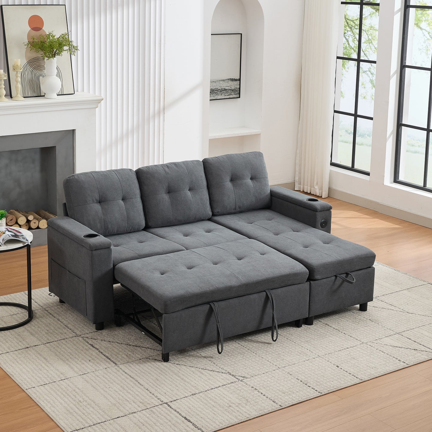 L-Shaped Couch Sofa Bed With Storage, 3 Seater Ll Out Sofa Bed With USB, LED Lights, 2cup Holders, Sectional Corner Sofa With 4 Side Pockets For Apartment Living Room, Office, Grey, 208x146x89.5cm