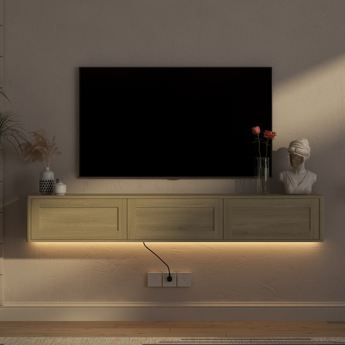 Floating TV Stand, Wall Mounted TV Shelf With Led Lights & Power Outlet,High Gloss TV Cabinet For Wood Tv Stands For Living Room