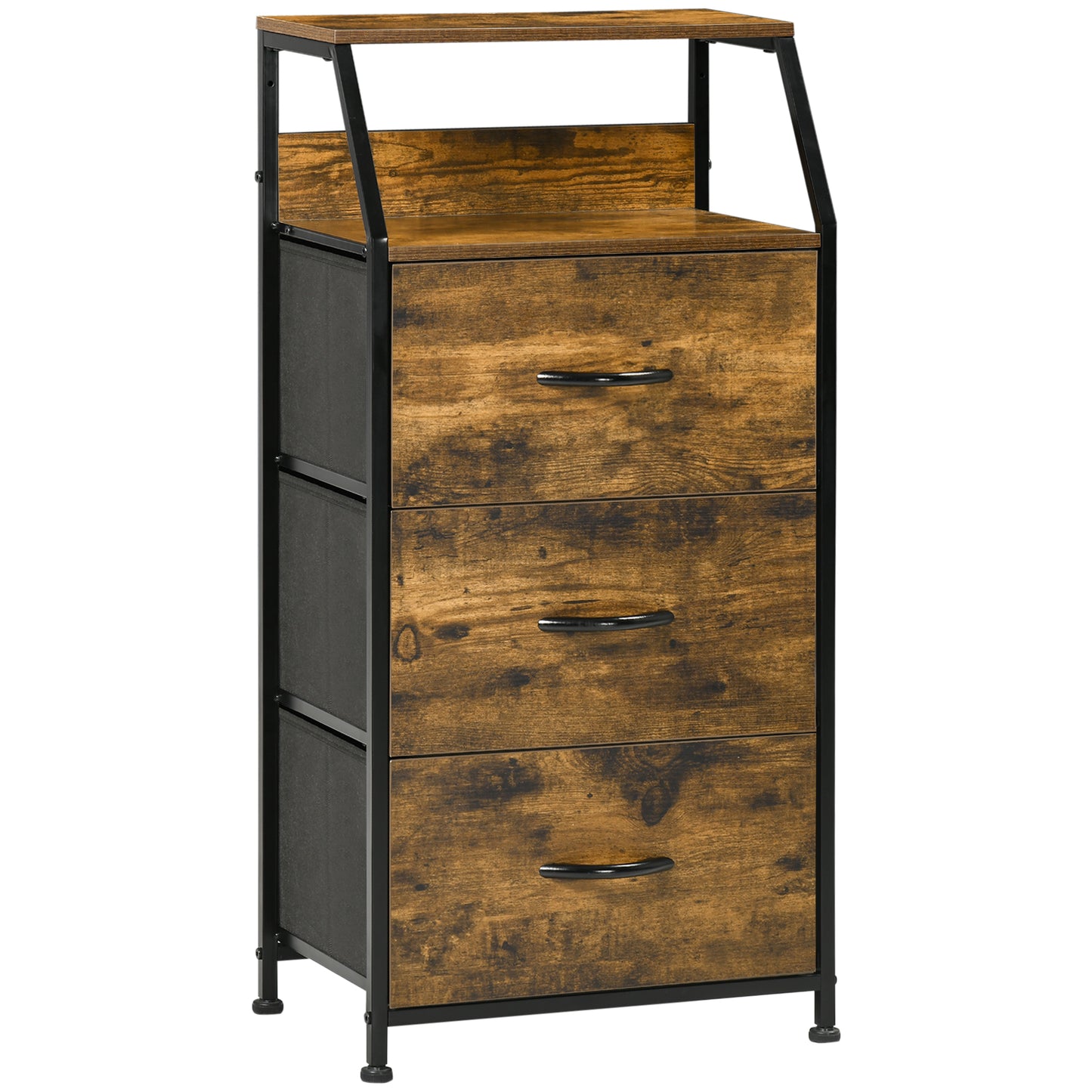 Industrial Storage Cabinet, Fabric Chest Of Drawers With Display Shelves, 3 Drawers Storage Unit For Living Room, Rustic Brown