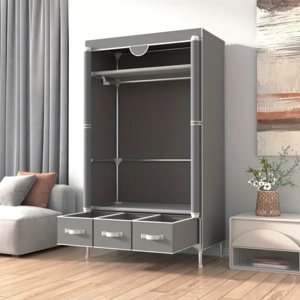 Portable Clothes Closet Rolling Door Wardrobe With Hanging Rack Non-Woven Fabric Storage Organizer With Three Drawer Boxes No-Tool Assembly - 67inx35.4inx17.7in-Gray